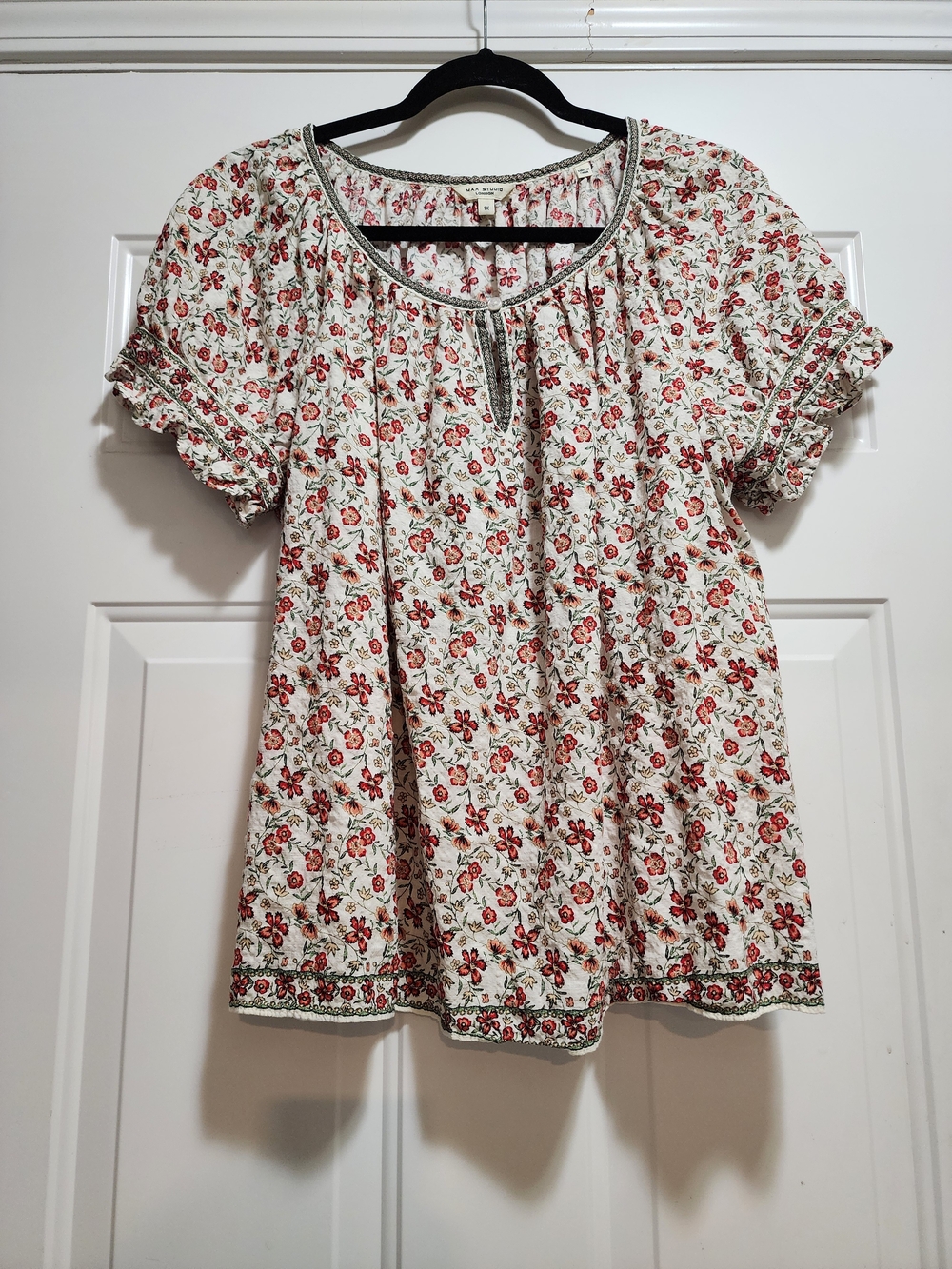 Max Studio Floral Boho Peasant Blouse Size 1X Short Sleeve
